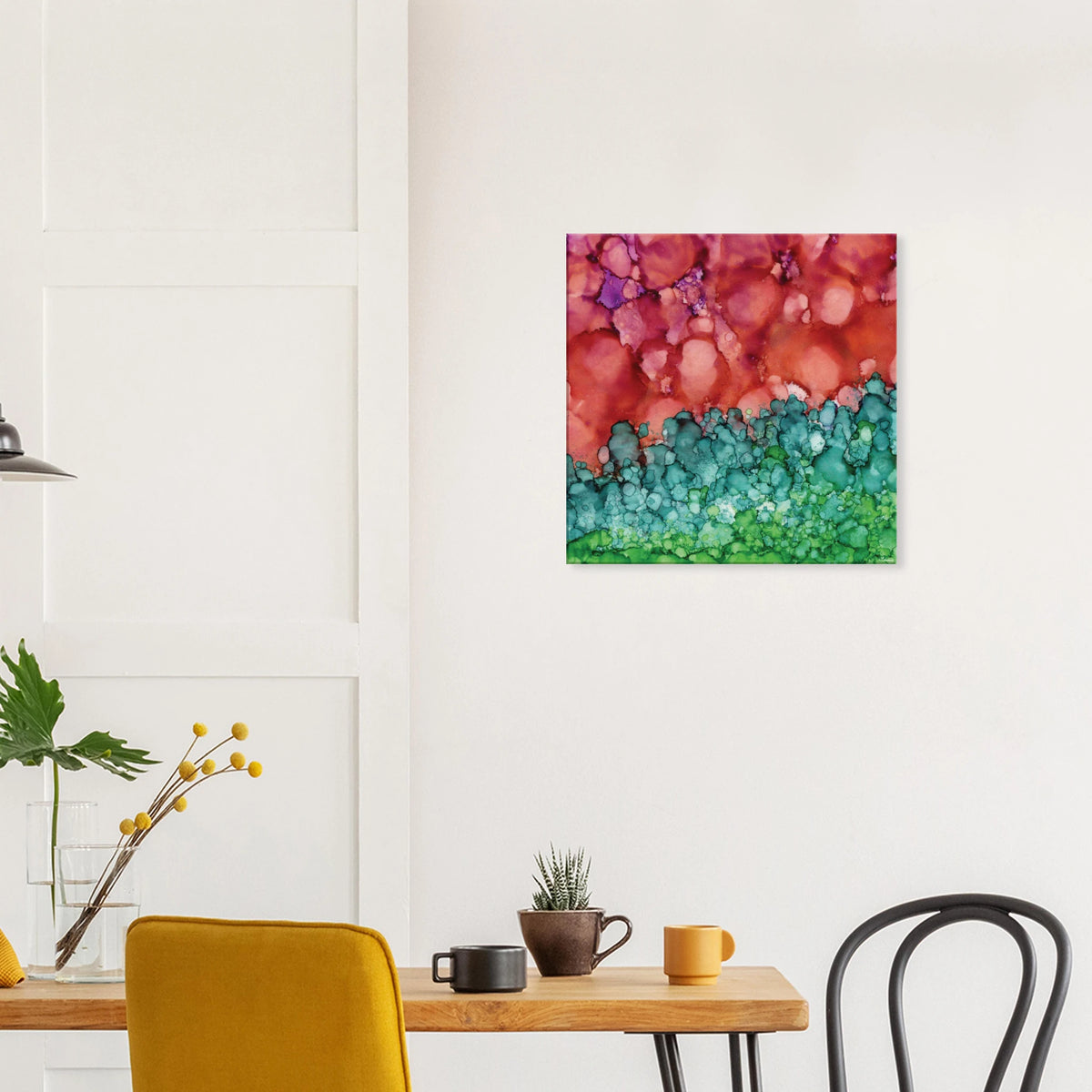 Morning Horizon 1 square canvas wall art, abstract alcohol ink painting in crimson and green