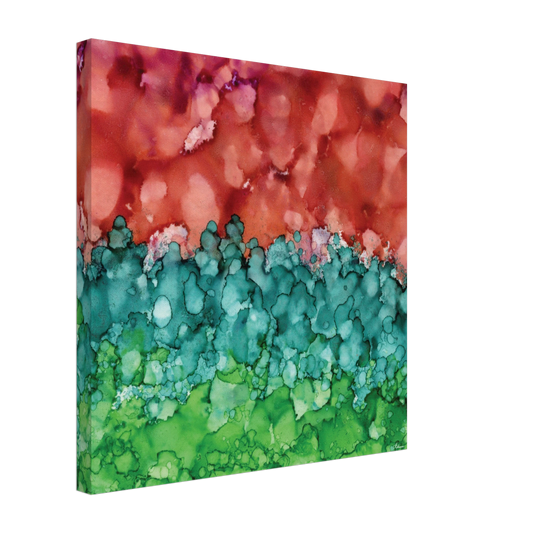 Morning Horizon 2 square canvas wall art, abstract alcohol ink painting in warm red and lush green