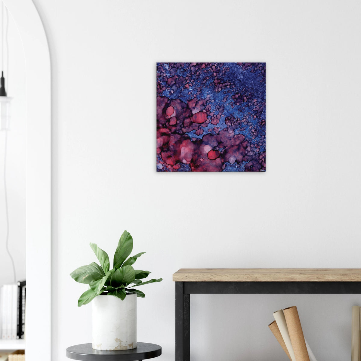 Twilight Shadow square canvas wall art, abstract alcohol ink painting in deep blue and rich purple