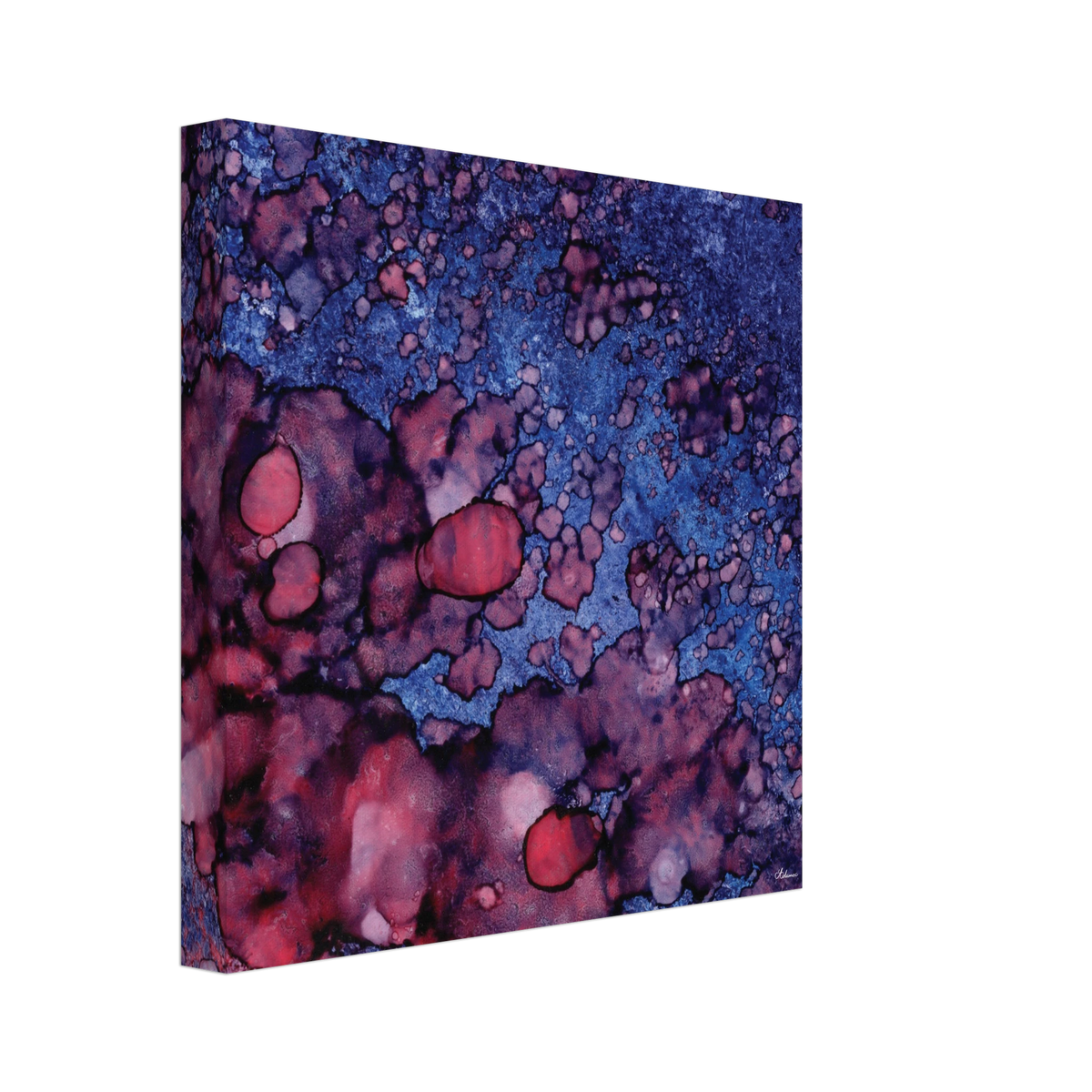 Twilight Shadow square canvas wall art, abstract alcohol ink painting in deep blue and rich purple