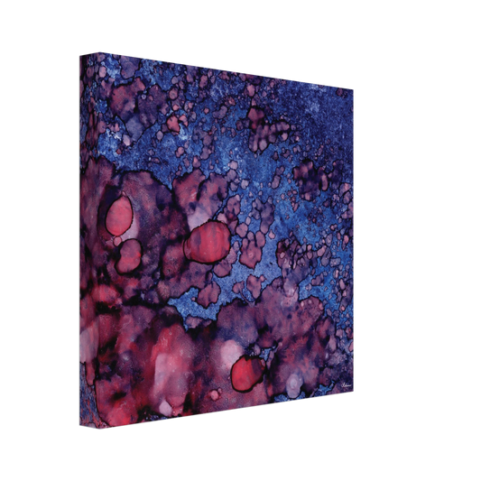 Twilight Shadow square canvas wall art, abstract alcohol ink painting in deep blue and rich purple