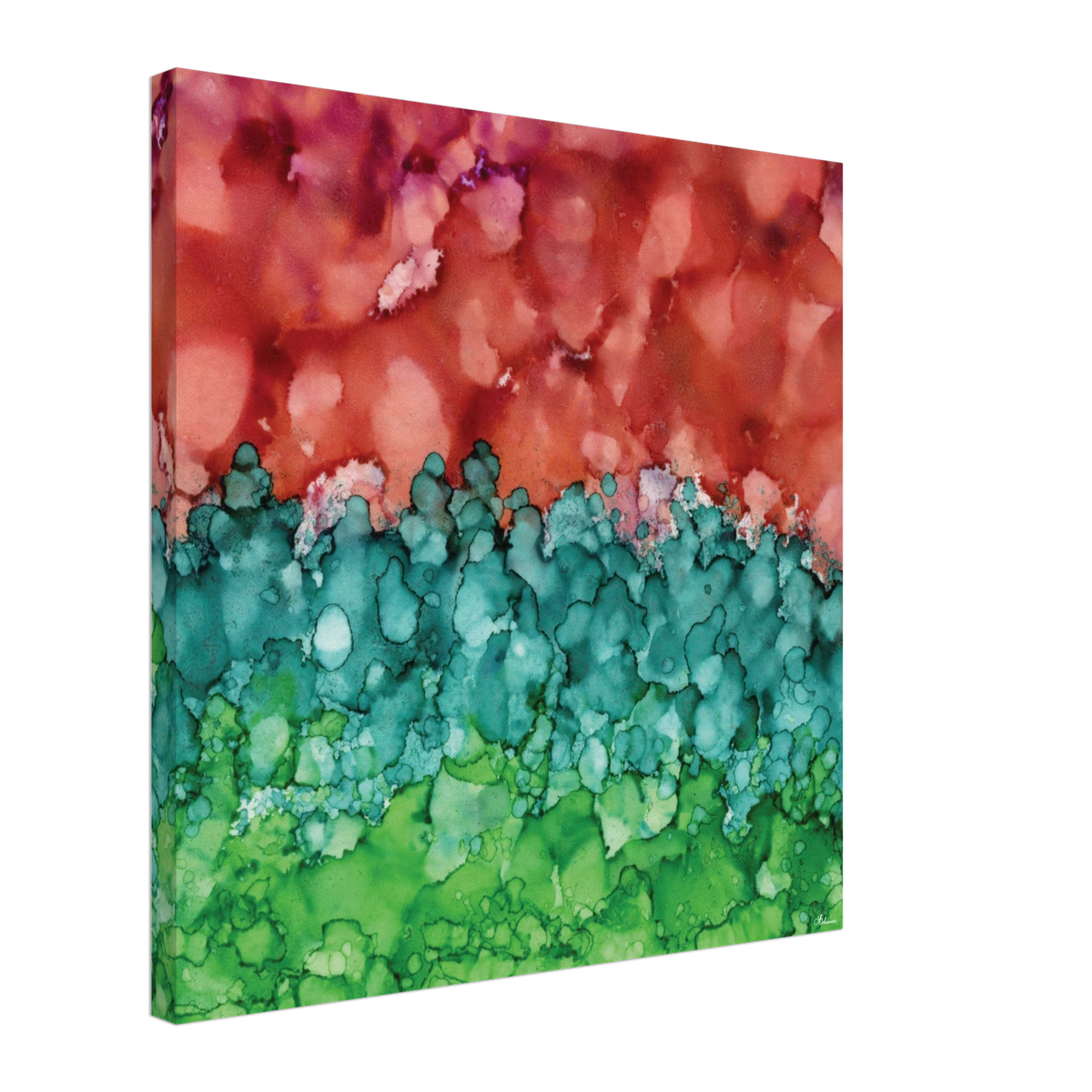 Morning Horizon 2 abstract alcohol ink canvas print in warm red and lush green