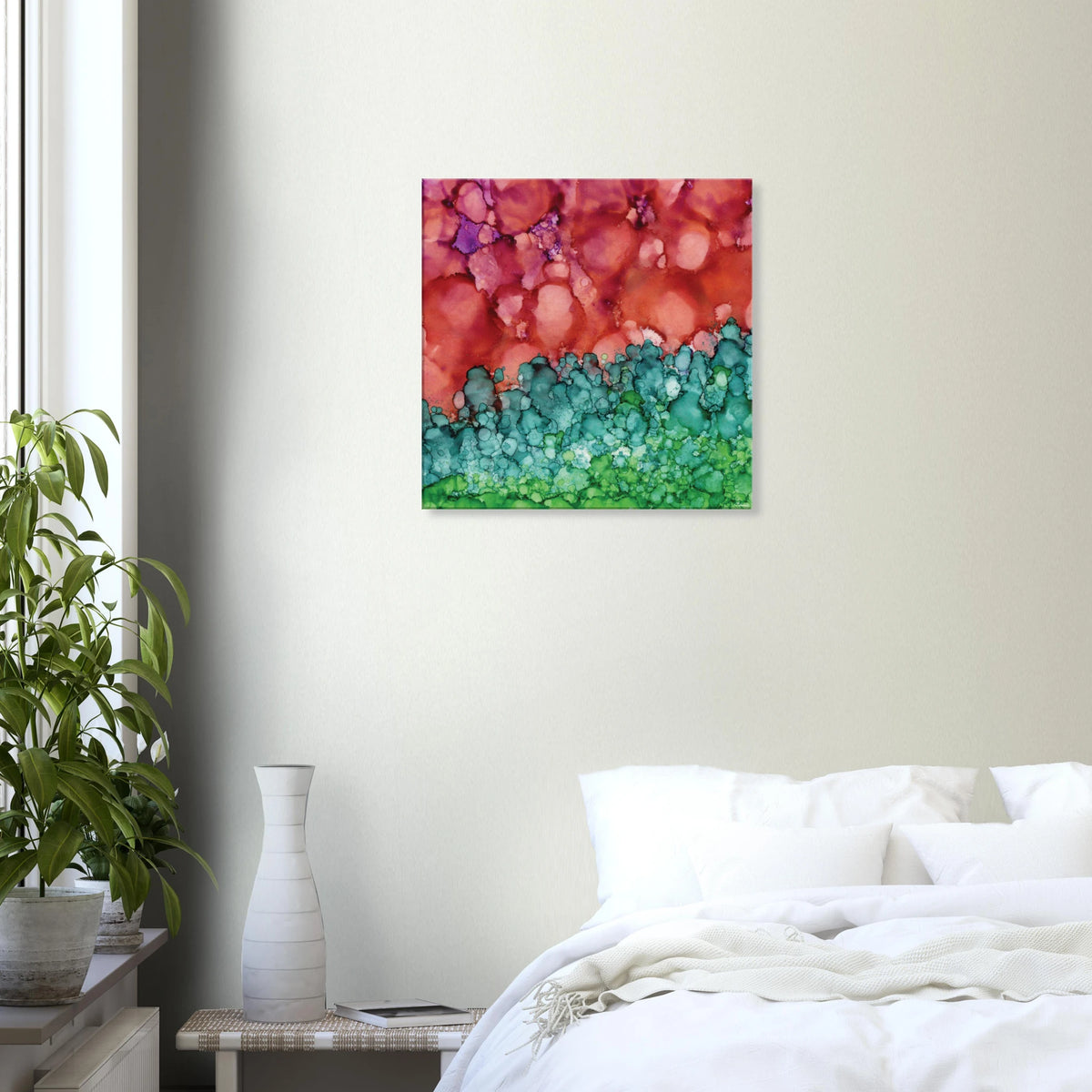 Morning Horizon 1 abstract alcohol ink canvas print in crimson and green