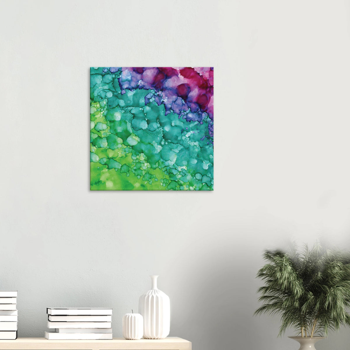 Spring Renewal abstract alcohol ink canvas print in soft greens and turquoise