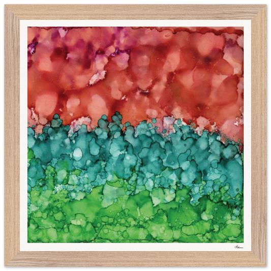 Morning Horizon 2 framed square wall art, abstract alcohol ink painting in warm red and lush green