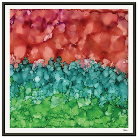 Morning Horizon 2 aluminum framed square wall art, abstract alcohol ink painting in warm red and lush green