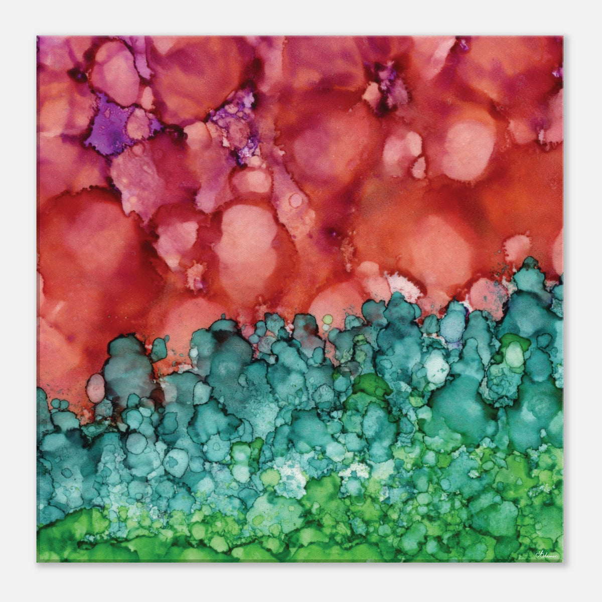 Morning Horizon 1 square canvas wall art, abstract alcohol ink painting in crimson and green
