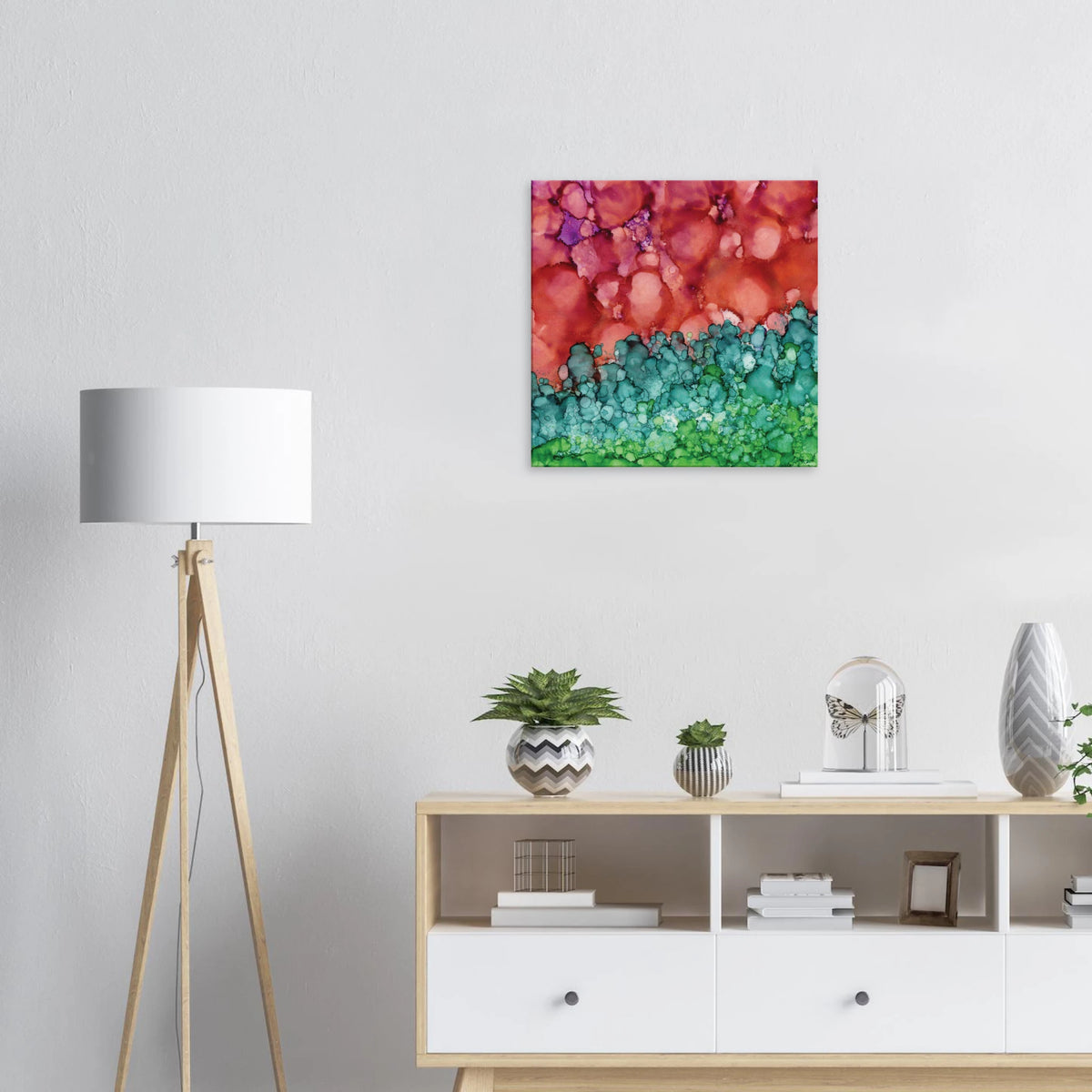Morning Horizon 1 square canvas wall art, abstract alcohol ink painting in crimson and green
