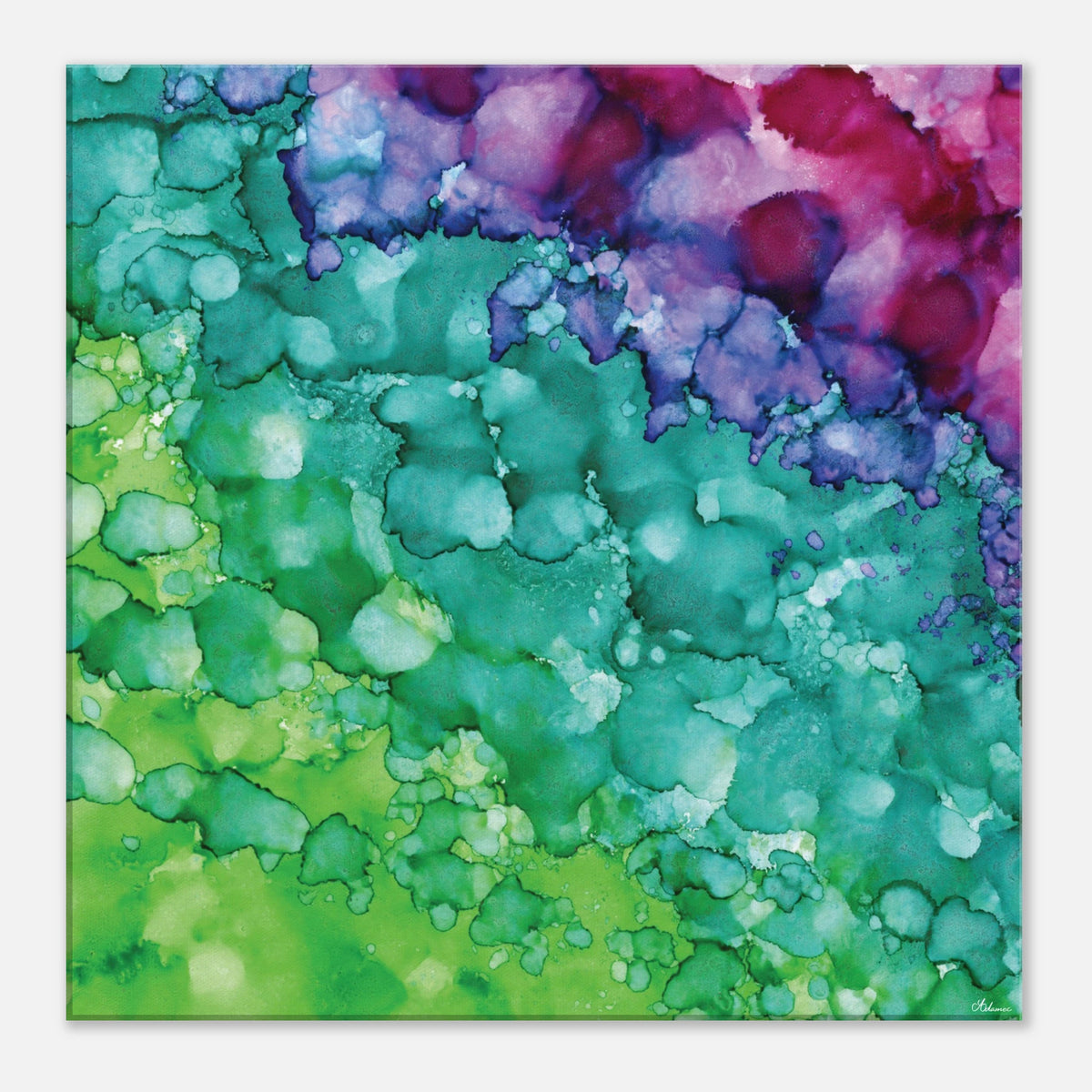 Spring Renewal abstract alcohol ink canvas print in soft greens and turquoise