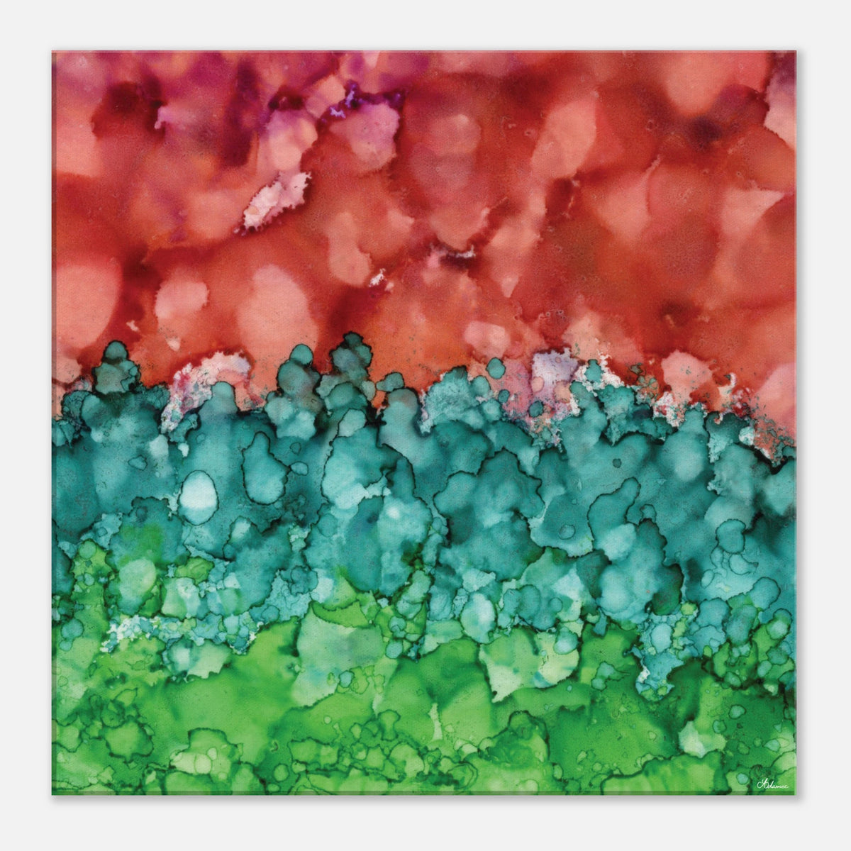 Morning Horizon 2 abstract alcohol ink canvas print in warm red and lush green