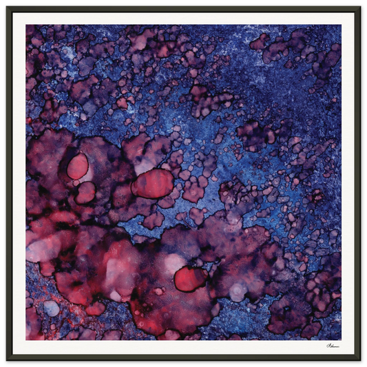 Twilight Shadow aluminum framed square wall art, abstract alcohol ink painting in deep blue and rich purple