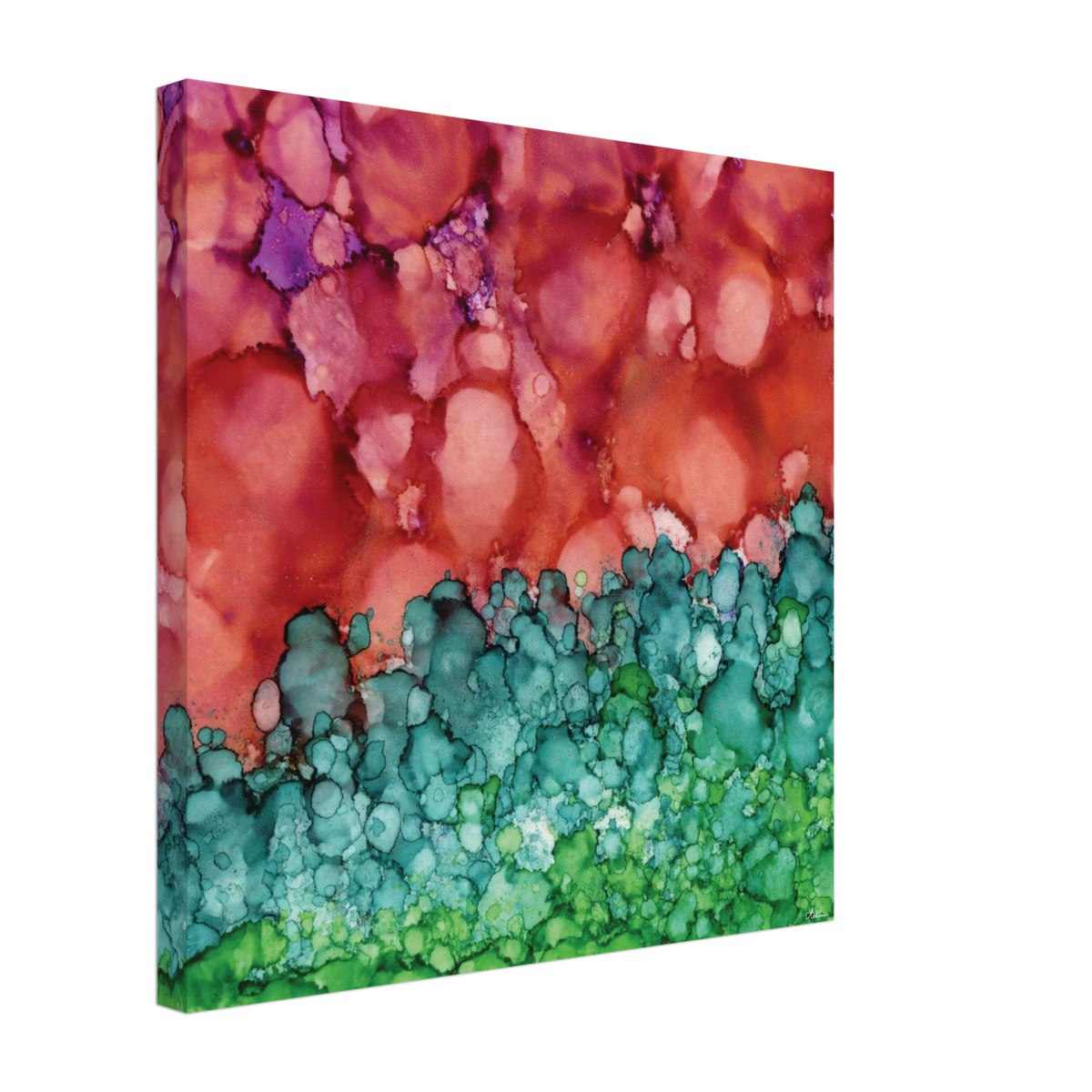 Morning Horizon 1 abstract alcohol ink canvas print in crimson and green