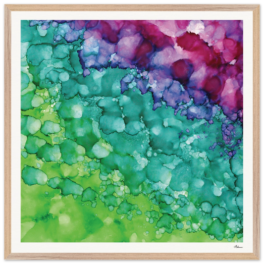 Spring Renewal framed square wall art, abstract alcohol ink painting in soft greens and turquoise