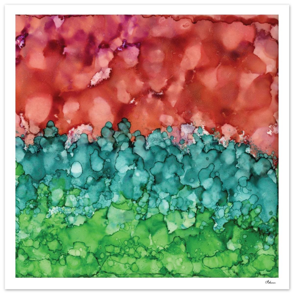 Morning Horizon 2, an abstract alcohol ink painting in warm red and lush green