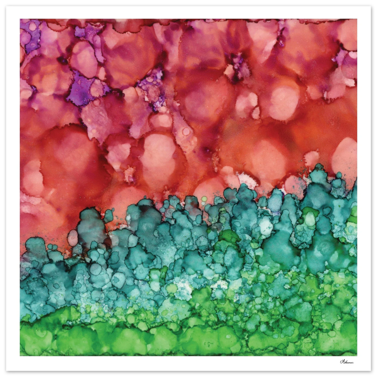 Morning Horizon 1, an abstract alcohol ink painting in crimson and green