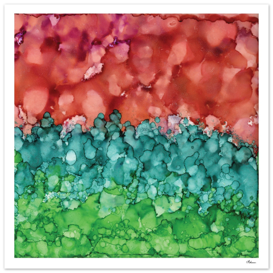 Morning Horizon 2 abstract alcohol ink fine art print in warm red and lush green
