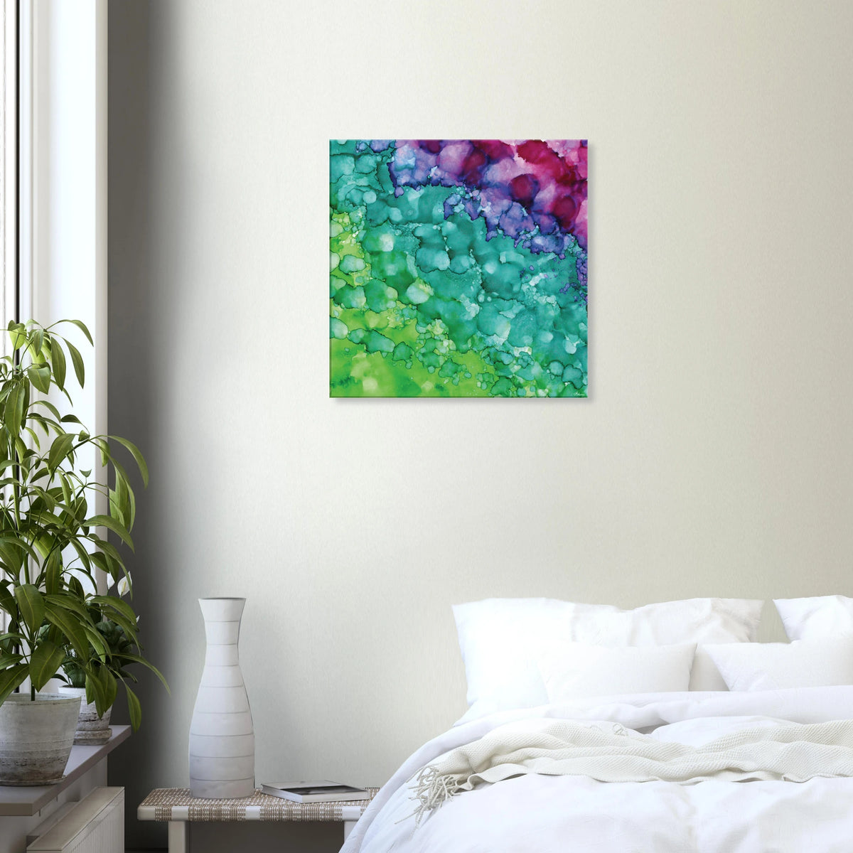 Spring Renewal square canvas wall art, abstract alcohol ink painting in soft greens and turquoise