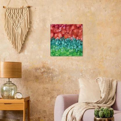 Morning Horizon 2 abstract alcohol ink canvas print in warm red and lush green