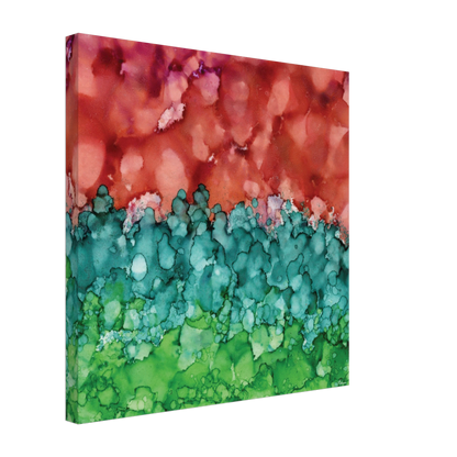 Morning Horizon 2 square canvas wall art, abstract alcohol ink painting in warm red and lush green