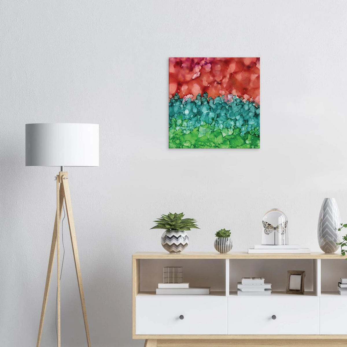Morning Horizon 2 square canvas wall art, abstract alcohol ink painting in warm red and lush green
