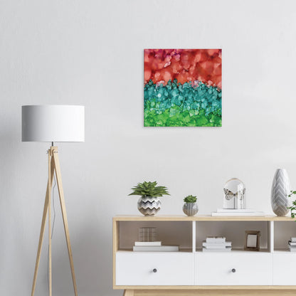 Morning Horizon 2 square canvas wall art, abstract alcohol ink painting in warm red and lush green