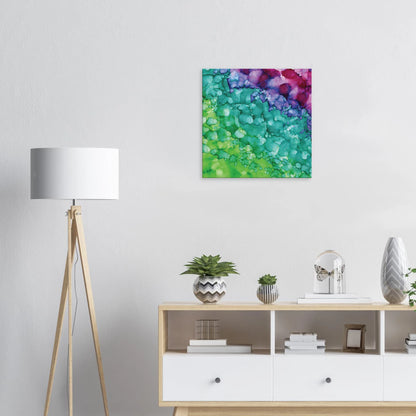 Spring Renewal square canvas wall art, abstract alcohol ink painting in soft greens and turquoise