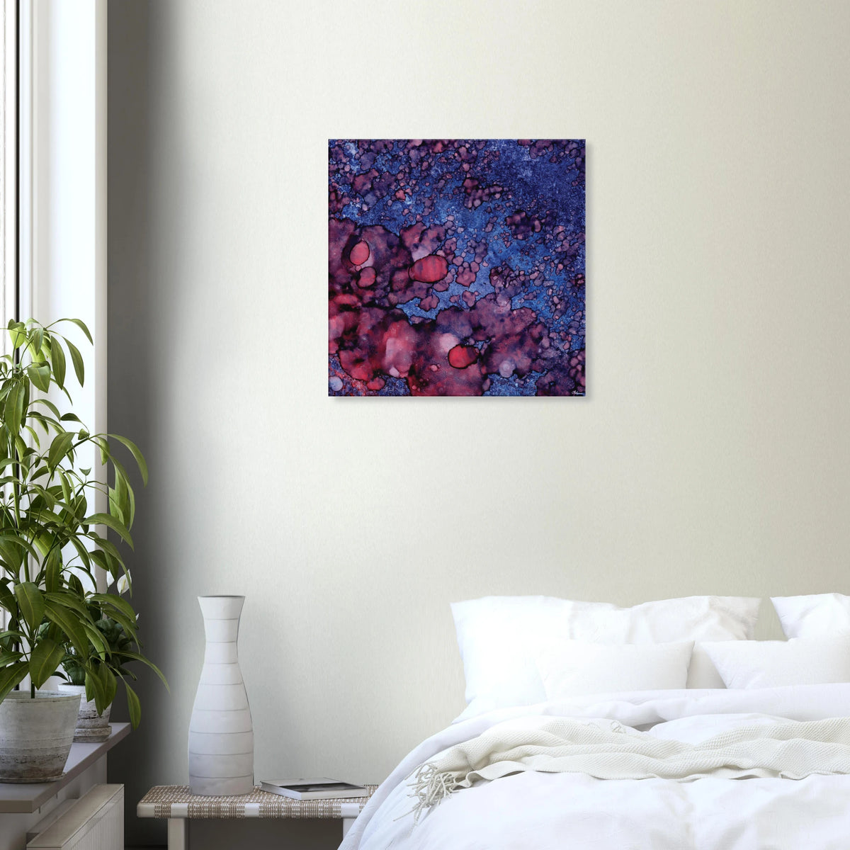 Twilight Shadow square canvas wall art, abstract alcohol ink painting in deep blue and rich purple