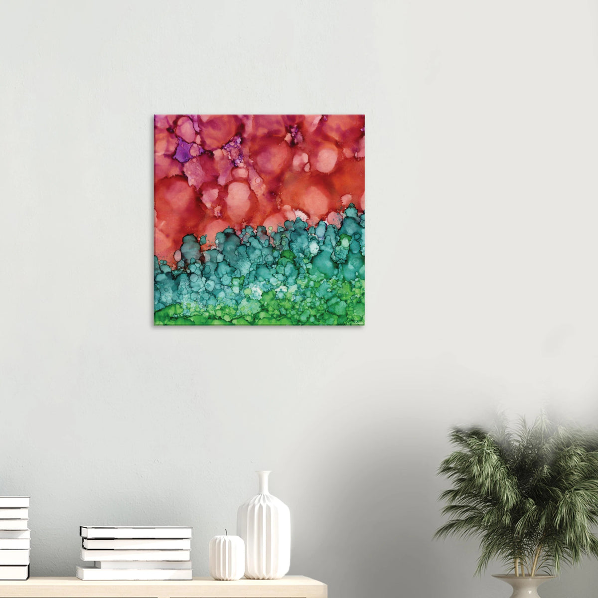 Morning Horizon 1 abstract alcohol ink canvas print in crimson and green