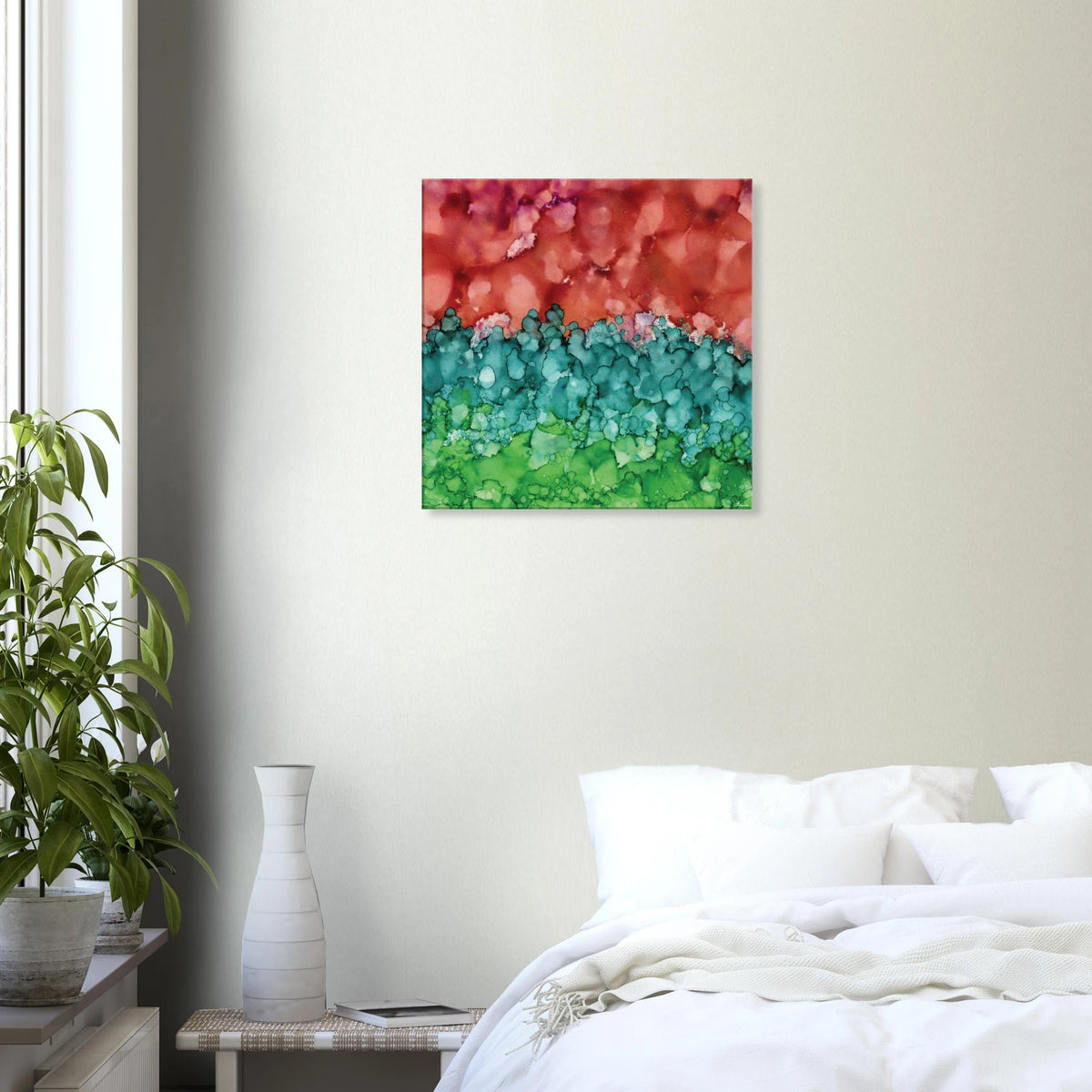 Morning Horizon 2 square canvas wall art, abstract alcohol ink painting in warm red and lush green