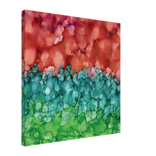 Morning Horizon 2 abstract alcohol ink canvas print in warm red and lush green