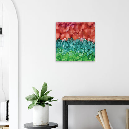 Morning Horizon 2 abstract alcohol ink canvas print in warm red and lush green