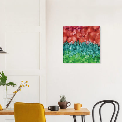 Morning Horizon 2 square canvas wall art, abstract alcohol ink painting in warm red and lush green