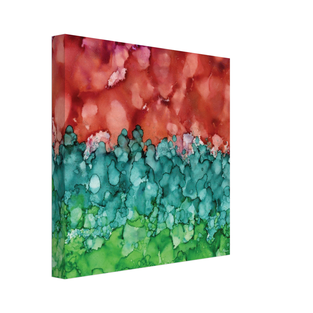 Morning Horizon 2 abstract alcohol ink canvas print in warm red and lush green