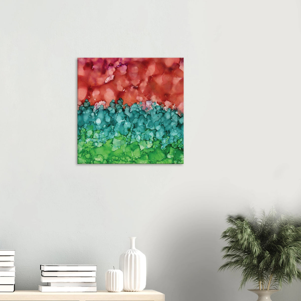 Morning Horizon 2 square canvas wall art, abstract alcohol ink painting in warm red and lush green