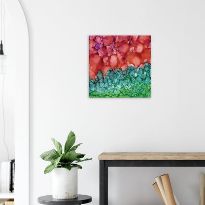 Morning Horizon 1 square canvas wall art, abstract alcohol ink painting in crimson and green