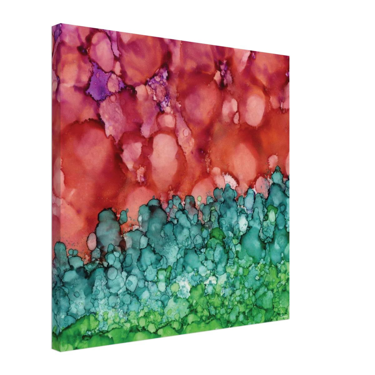 Morning Horizon 1 abstract alcohol ink canvas print in crimson and green