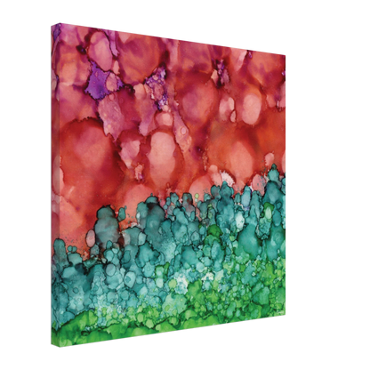 Morning Horizon 1 abstract alcohol ink canvas print in crimson and green