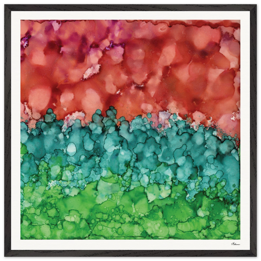 Morning Horizon 2 wooden framed abstract alcohol ink art print in warm red and lush green