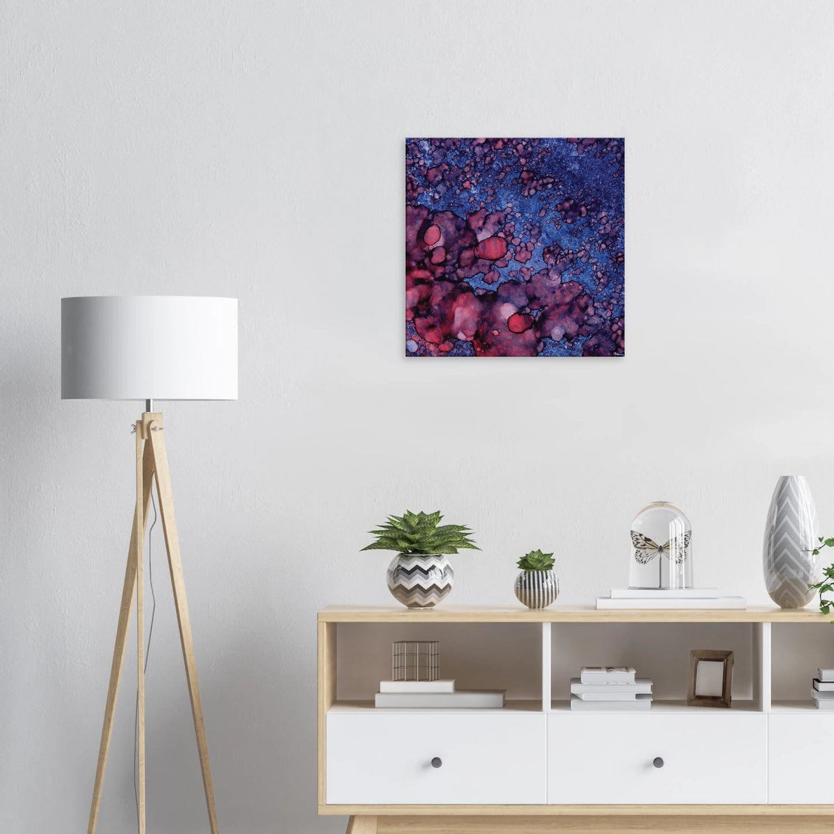 Twilight Shadow square canvas wall art, abstract alcohol ink painting in deep blue and rich purple