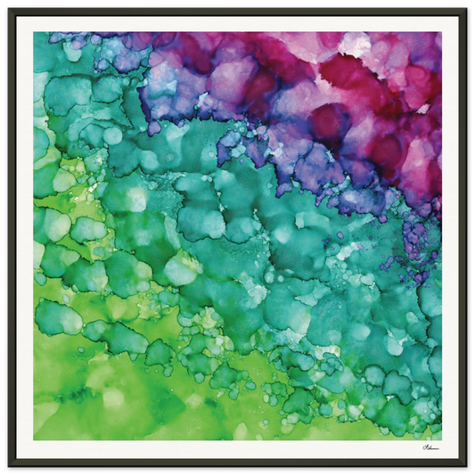 Spring Renewal aluminum framed square wall art, abstract alcohol ink painting in soft greens and turquoise