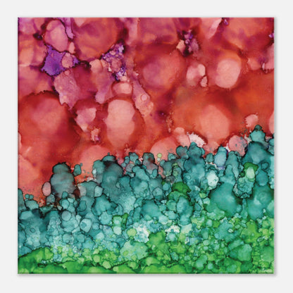 Morning Horizon 1 square canvas wall art, abstract alcohol ink painting in crimson and green