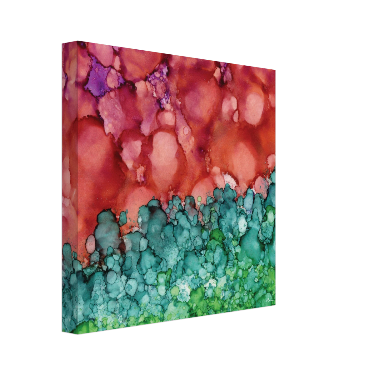 Morning Horizon 1 square canvas wall art, abstract alcohol ink painting in crimson and green