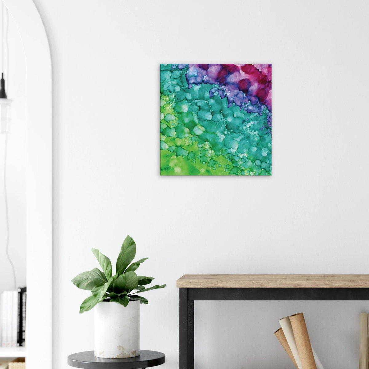 Spring Renewal square canvas wall art, abstract alcohol ink painting in soft greens and turquoise