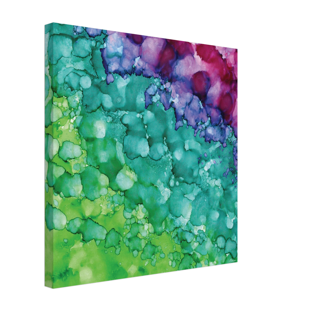 Spring Renewal square canvas wall art, abstract alcohol ink painting in soft greens and turquoise